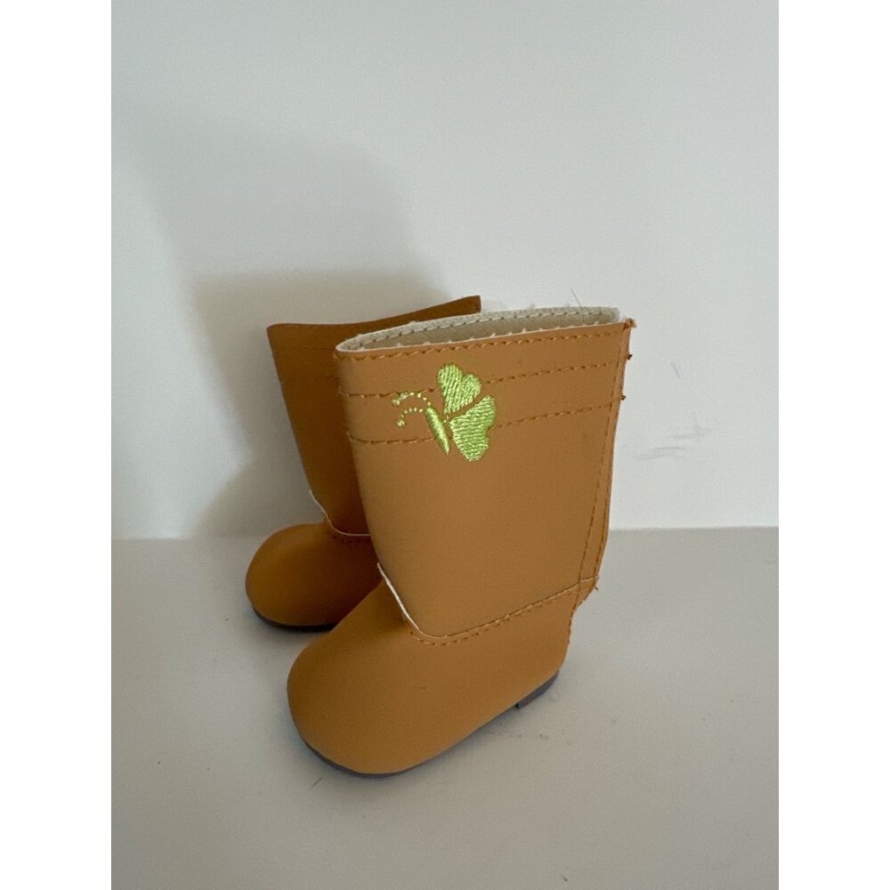 American Girl Doll Boots Tan With Green Butterfly Leaf Embroidery Faux Leather